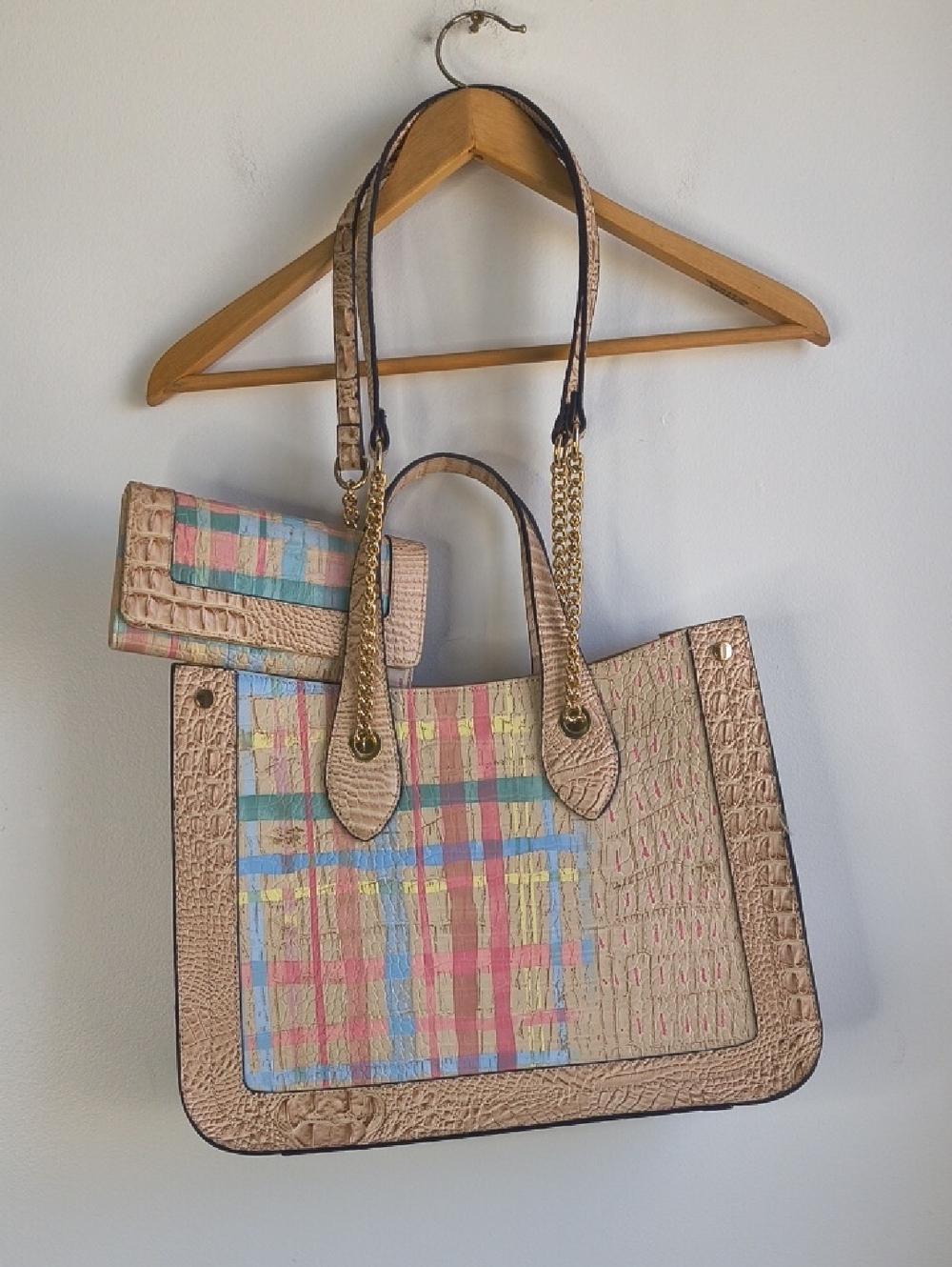 Textured Multi-Color Plaid Tote Bag with Matching Wallet